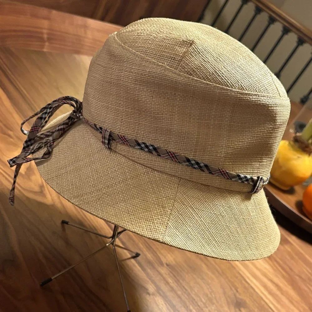 Betmar New York Raffia Hat with Burberry like plaid lining and trim
